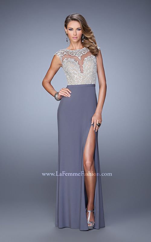 Picture of: Long Jersey Prom Gown with Embroidery Accents in Gray, Style: 21065, Detail Picture 1