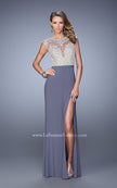 Picture of: Long Jersey Prom Gown with Embroidery Accents in Gray, Style: 21065, Detail Picture 1