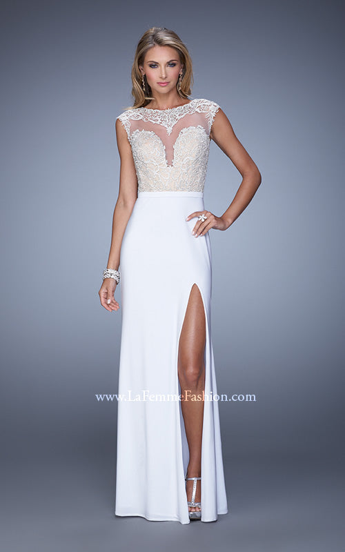 Picture of: Long Jersey Prom Gown with Embroidery Accents in White, Style: 21065, Detail Picture 3
