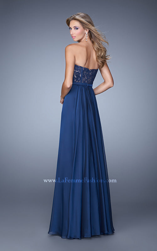 Picture of: Chiffon Prom Dress with Jeweled Lace Overlay in Blue, Style: 21079, Back Picture