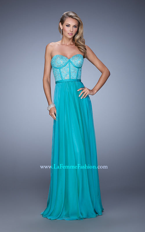Picture of: Chiffon Prom Dress with Jeweled Lace Overlay in Aqua, Style: 21079, Detail Picture 3