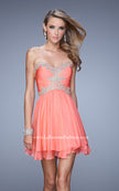 Picture of: Fun Cocktail Dress with Tiered Skirt and Ruched Bodice in Coral, Style: 21081, Detail Picture 1