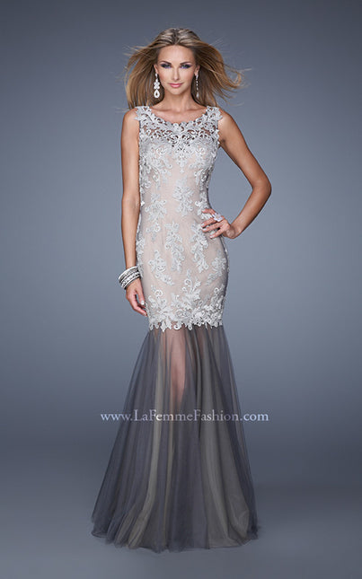Picture of: Embroidered Sleeveless Dress with Sheer Tulle Skirt in Silver, Style: 21100, Main Picture