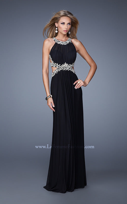 Picture of: Elegant Embroidered Long Gown with Sheer Overlay in Black, Style: 21101, Back Picture