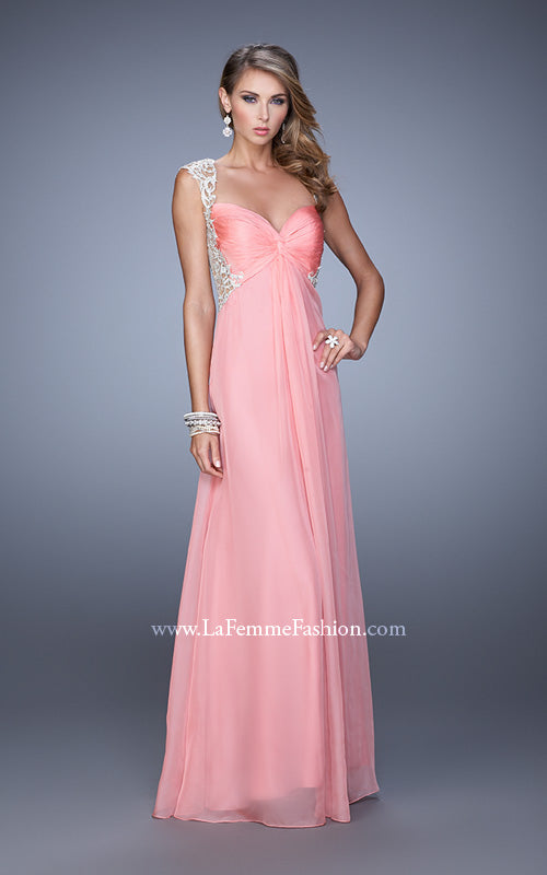 Picture of: Chiffon Prom Gown with Knot Detail and Sheer Accents in Coral, Style: 21116, Detail Picture 3