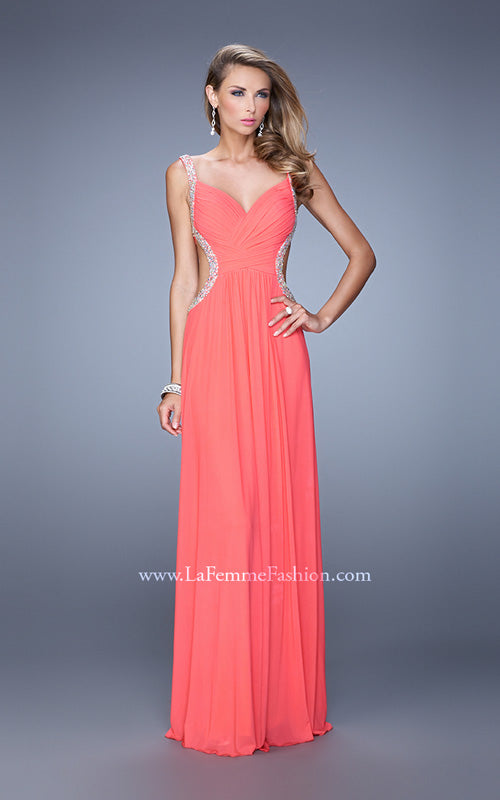 Picture of: Crisscross Gathered Bodice Prom Dress with Beaded Straps in Peach, Style: 21123, Detail Picture 2