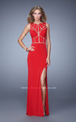 Picture of: Sleeveless Prom Dress with Geometric Patterned Bodice in Red, Style: 21141, Main Picture