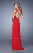 Picture of: Sleeveless Prom Dress with Geometric Patterned Bodice in Red, Style: 21141, Back Picture
