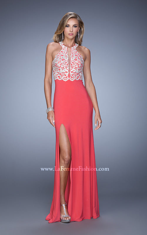 Picture of: Long Halter Jersey Prom Dress with Beaded Embroidery in Coral, Style: 21168, Detail Picture 2