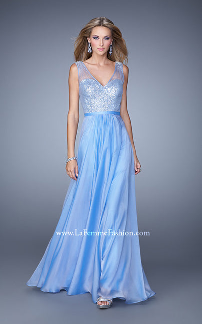 Picture of: Sequined Bodice Long Prom Dress with Sheer Overlay in Blue, Style: 21176, Main Picture