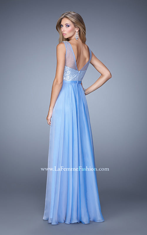 Picture of: Sequined Bodice Long Prom Dress with Sheer Overlay in Blue, Style: 21176, Back Picture