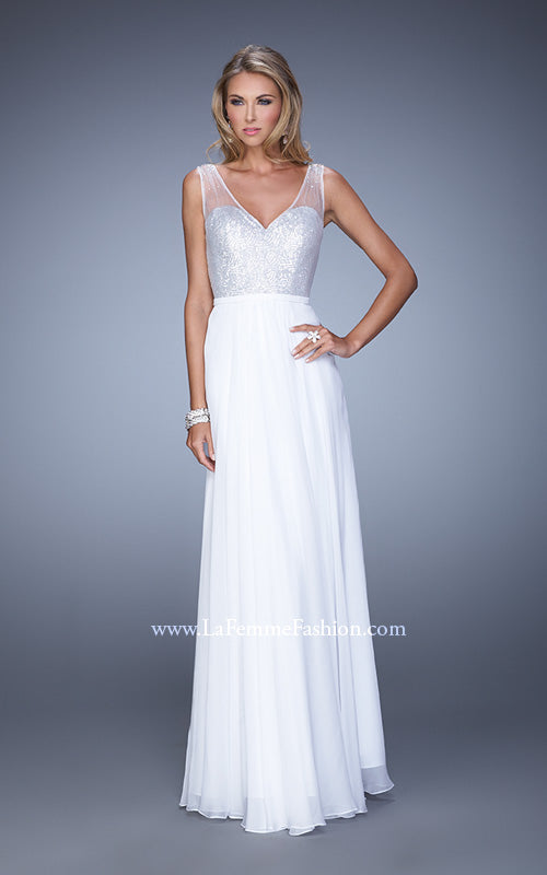Picture of: Sequined Bodice Long Prom Dress with Sheer Overlay in White, Style: 21176, Detail Picture 2