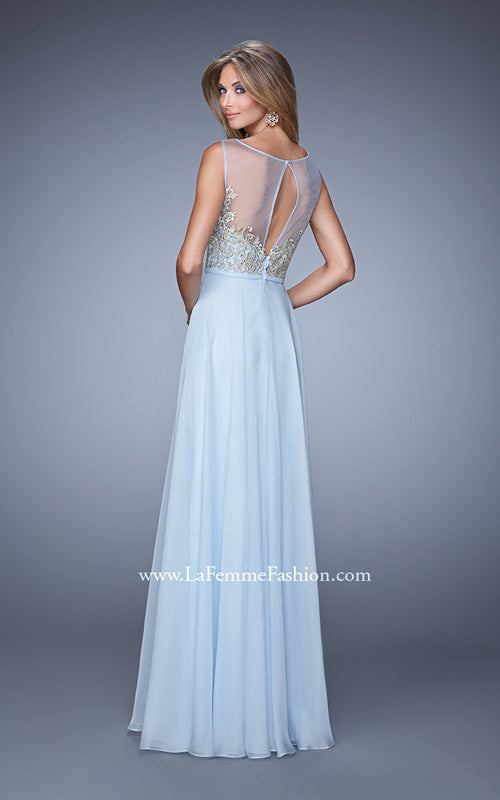 Picture of: Embroidered Bodice Long Prom Gown with Scoop Neck in Blue, Style: 21182, Back Picture
