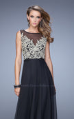 Picture of: Embroidered Bodice Long Prom Gown with Scoop Neck in Black, Style: 21182, Detail Picture 7