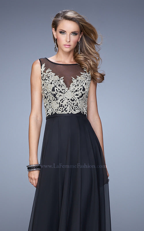 Picture of: Embroidered Bodice Long Prom Gown with Scoop Neck in Black, Style: 21182, Detail Picture 7
