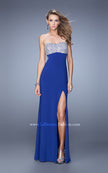 Picture of: Long Jersey Prom Dress with Beading and Split Straps in Blue, Style: 21200, Detail Picture 2