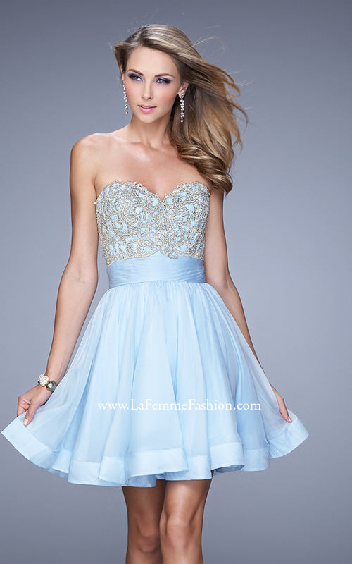 Picture of: Chiffon Cocktail Dress with Beaded Embroidery and Belt in Blue, Style: 21202, Detail Picture 2
