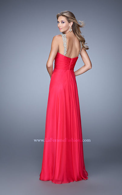 Picture of: Chiffon Low V Prom Dress with Embroidered Accents in Red, Style: 21207, Back Picture