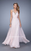 Picture of: Chiffon Low V Prom Dress with Embroidered Accents in Pink, Style: 21207, Detail Picture 1