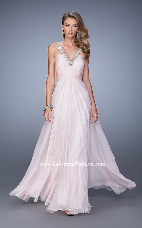 Picture of: Chiffon Low V Prom Dress with Embroidered Accents in Pink, Style: 21207, Detail Picture 1