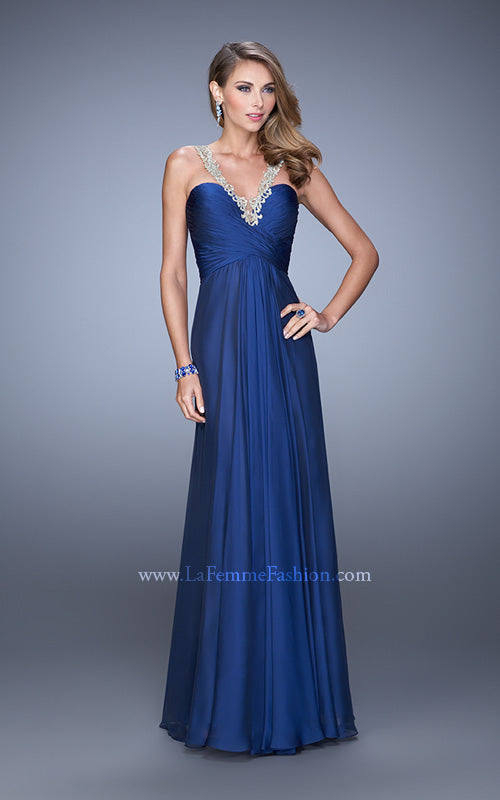 Picture of: Chiffon Low V Prom Dress with Embroidered Accents in Blue, Style: 21207, Detail Picture 3