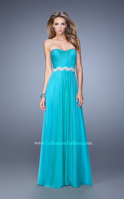 Picture of: Long Chiffon Prom Dress with Pearl and Rhinestone Belt in Aqua, Style: 21218, Detail Picture 2