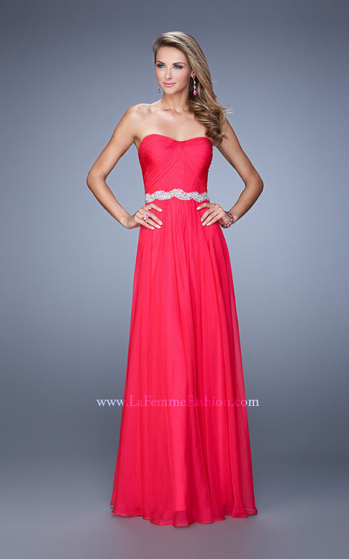 Picture of: Long Chiffon Prom Dress with Pearl and Rhinestone Belt in Red, Style: 21218, Detail Picture 3