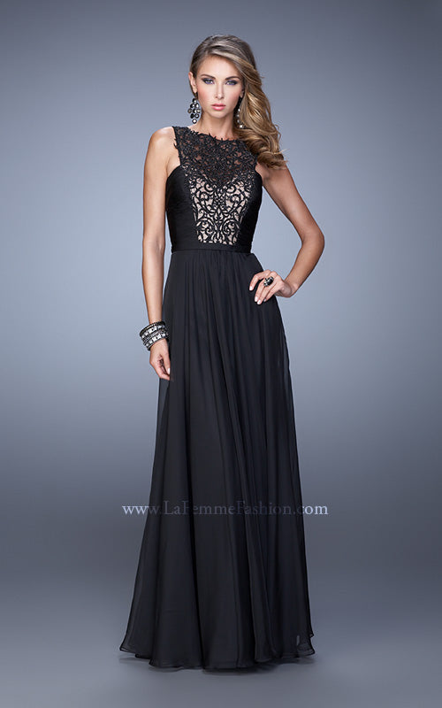 Picture of: High Scoop Neckline Prom Gown with Rhinestone Detail in Black, Style: 21222, Detail Picture 3
