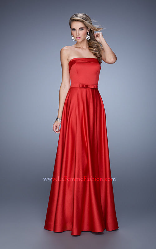 Picture of: Elegant Satin Prom Gown with Bow Belt and Pockets in Red, Style: 21225, Detail Picture 1
