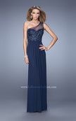 Picture of: One Shoulder Prom Dress with Net Overlay and Beads in Navy, Style: 21239, Main Picture