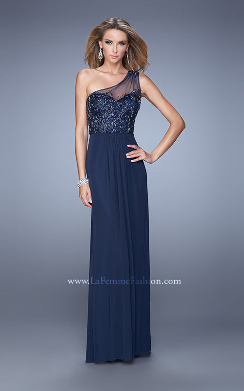 Picture of: One Shoulder Prom Dress with Net Overlay and Beads in Navy, Style: 21239, Main Picture