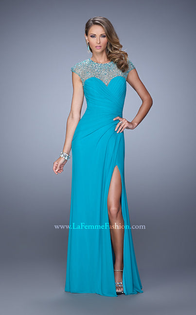 Picture of: Cap Sleeve Gathered Bodice Prom Dress with Stones in Peacock, Style: 21246, Detail Picture 2