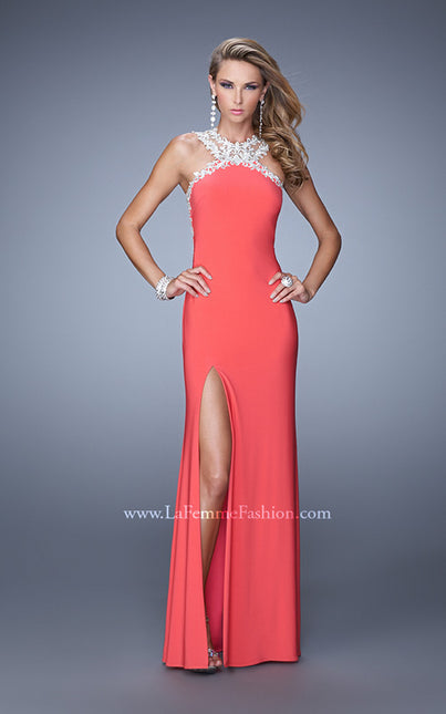 Picture of: Sheer Halter Prom Dress with Metallic Embroidery in Coral, Style: 21255, Main Picture