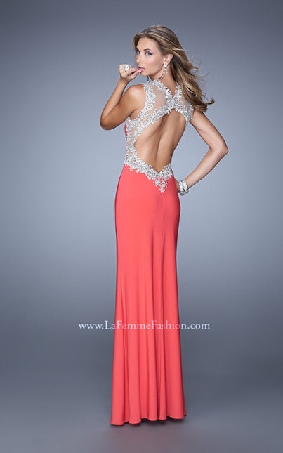 Picture of: Sheer Halter Prom Dress with Metallic Embroidery in Coral, Style: 21255, Back Picture