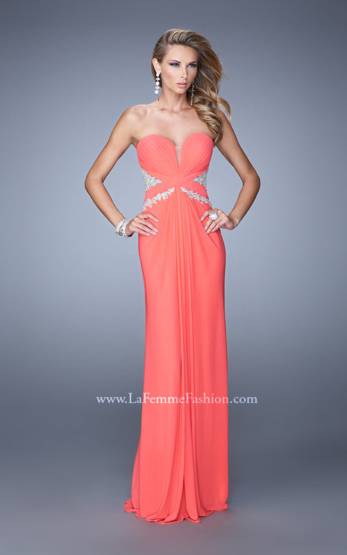 Picture of: Strapless Prom Dress with Beaded Embroidery Cut Outs in Coral, Style: 21256, Main Picture