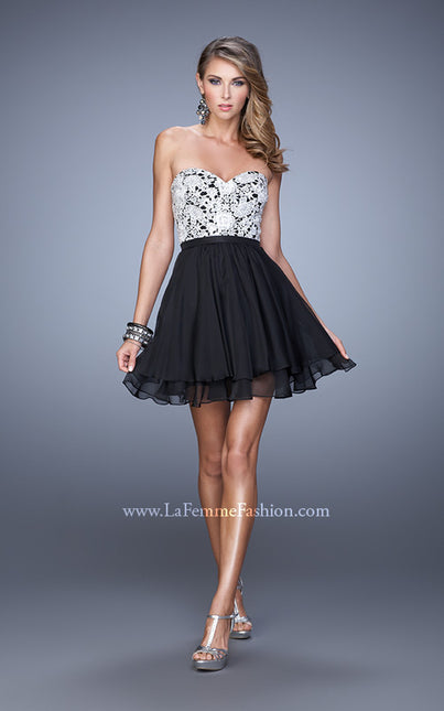 Picture of: Chiffon Cocktail Dress with Tiered Skirt and Lace Overlay in Black, Style: 21284, Detail Picture 3