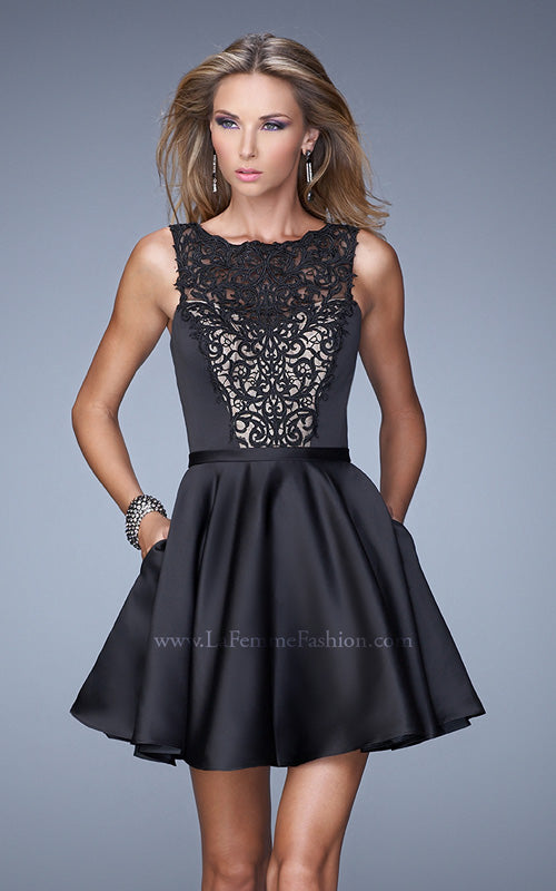 Picture of: Satin Cocktail Dress with Embroidered Overlay and Pockets in Black, Style: 21297, Main Picture