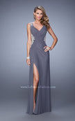 Picture of: Embroidered Long Jersey Prom Dress with Gathered Bodice in Gray, Style: 21301, Detail Picture 1