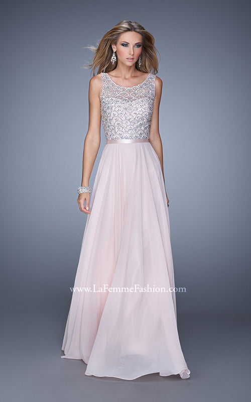 Picture of: Beaded Bodice Chiffon Prom Dress with Satin Belt in Pink, Style: 21322, Main Picture