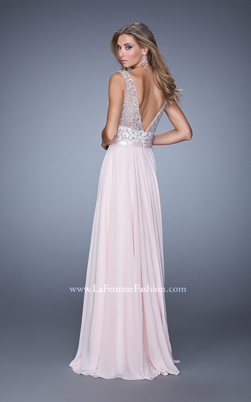 Picture of: Beaded Bodice Chiffon Prom Dress with Satin Belt in Pink, Style: 21322, Back Picture