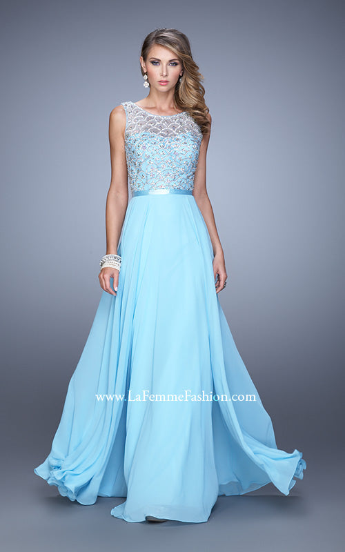 Picture of: Beaded Bodice Chiffon Prom Dress with Satin Belt in Blue, Style: 21322, Detail Picture 3
