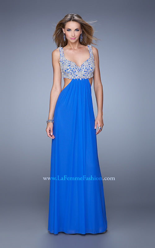 Picture of: Full Length Net Jersey Dress with Beaded Embroidery in Blue, Style: 21329, Detail Picture 4
