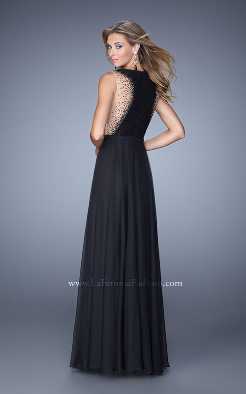 Picture of: High Scoop Neck Chiffon Prom Dress with Lace Bodice in Black, Style: 21336, Back Picture