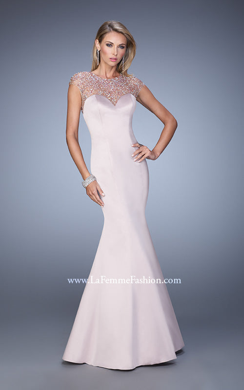 Picture of: Satin Mermaid Dress with Sheer Neck and Cap Sleeves in Pink, Style: 21345, Detail Picture 1