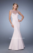 Picture of: Satin Mermaid Dress with Sheer Neck and Cap Sleeves in Pink, Style: 21345, Detail Picture 1