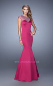Picture of: Satin Mermaid Dress with Sheer Neck and Cap Sleeves in Hot Pink, Style: 21345, Detail Picture 2