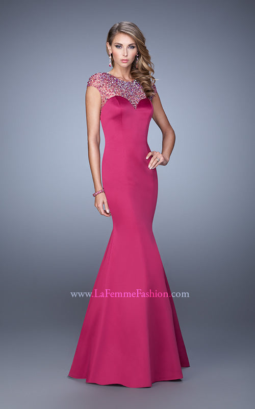 Picture of: Satin Mermaid Dress with Sheer Neck and Cap Sleeves in Hot Pink, Style: 21345, Detail Picture 2