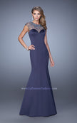 Picture of: Satin Mermaid Dress with Sheer Neck and Cap Sleeves in Navy, Style: 21345, Detail Picture 3