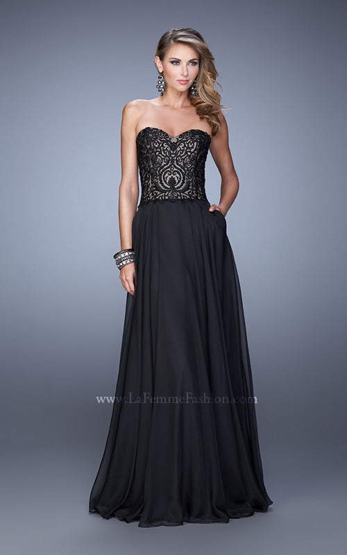 Picture of: Embroidered Chiffon Prom Dress with Pockets in Black, Style: 21360, Detail Picture 3