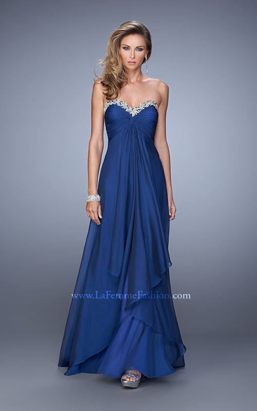 Picture of: Chiffon Prom Dress with Tiered Skirt and Embroidery in Navy, Style: 21374, Detail Picture 2